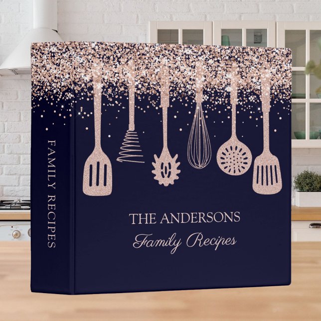 Recipe Cookbook Rose Gold Glitter Kitchen Utensils Binder (In situ)