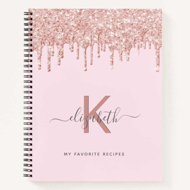 Recipe cookbook rose gold glitter monogram notebook (Front)