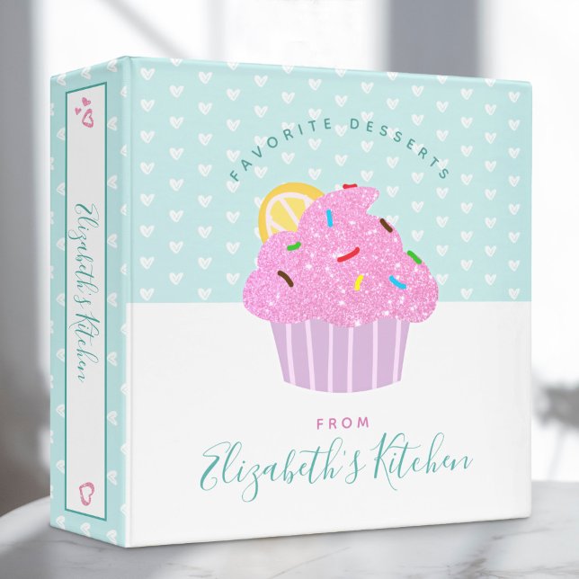 Recipe cookbook sweet modern cupcake hearts, aqua binder (Creator Uploaded)
