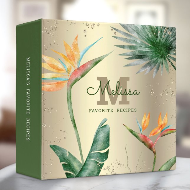 Recipe Cookbook Tropical Leaf Monogram Script Gold Binder (Creator Uploaded)