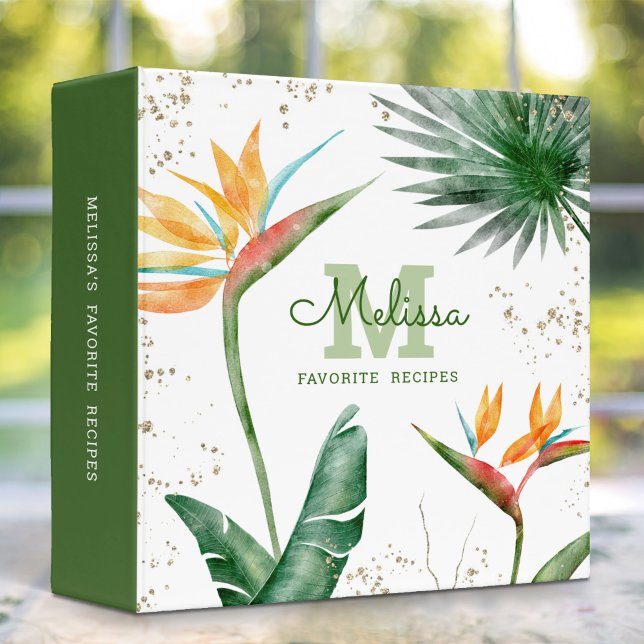 Recipe Cookbook Tropical Palm Monogram Script Gold Binder (Creator Uploaded)