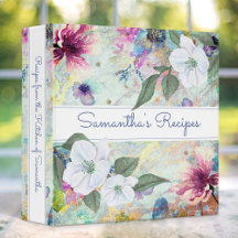 Recipe cookbook, vintage floral aqua watercolor