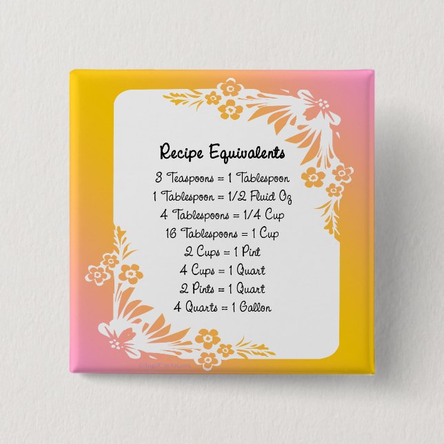 Recipe Equivalents Pastel Floral 2 Inch Square Button (Front)