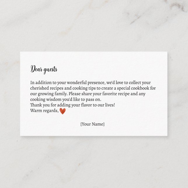 Recipe Exchange Autumn Teddy Bear Baby Shower Enclosure Card (Back)