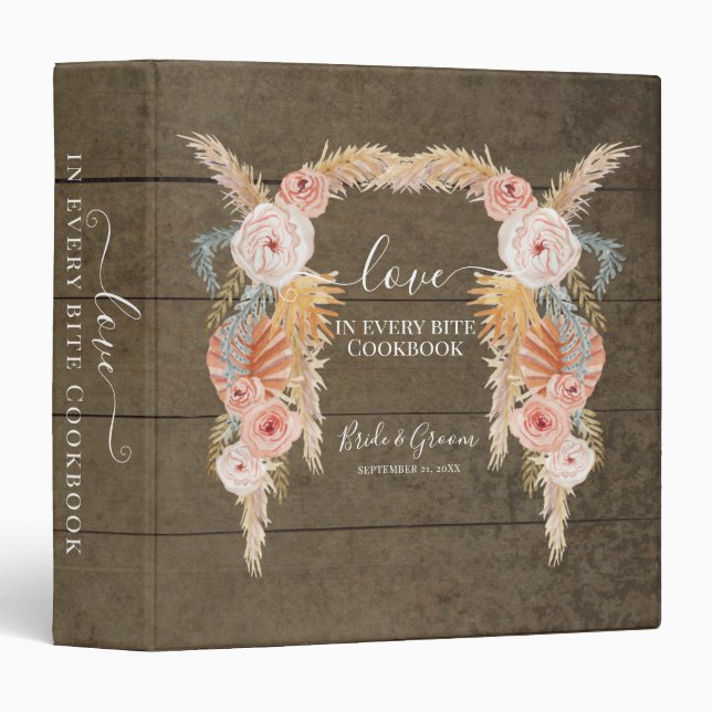 Recipe Floral Blush Pampas Palm Wood Cookbook Binder (Front/Spine)