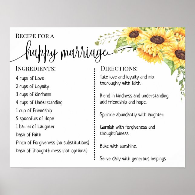 Recipe for a happy marriage newlyweds sunflowers poster (Front)