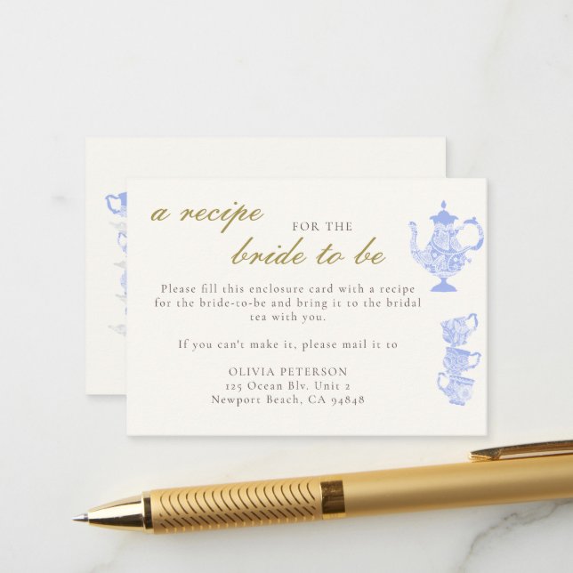 Recipe for Bride Blue Tea Set China Lace Gold Chic Enclosure Card (Front/Back In Situ)