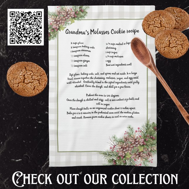 Recipe keepsake Christmas Pine Cones Grey plaid Kitchen Towel (Creator Uploaded)