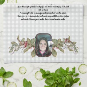 Recipe Keepsake photo and floral tan grey plaid Kitchen Towel