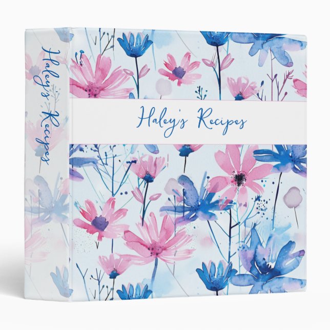 Recipe Kitchen Pink Floral Blue Script Binder (Front/Spine)