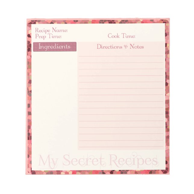 Recipe Notepad in Pink Stained Glass Pattern (Front)