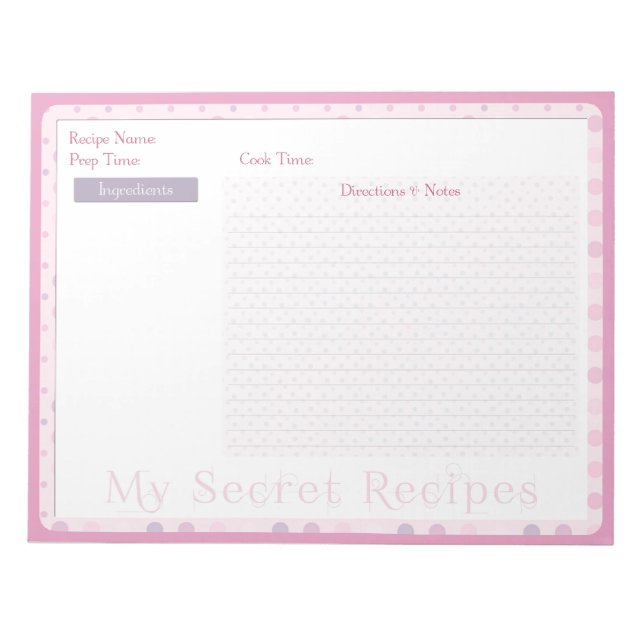 Recipe Notepad in Sweet Pink Dots (Front)