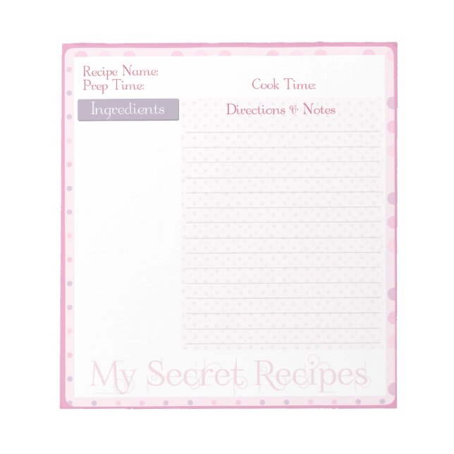 Recipe Notepad in Sweet Pink Dots (Front)