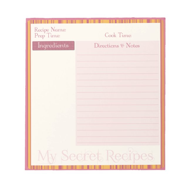 Recipe Notepad in Warm Pink and Yellow Stripe (Front)