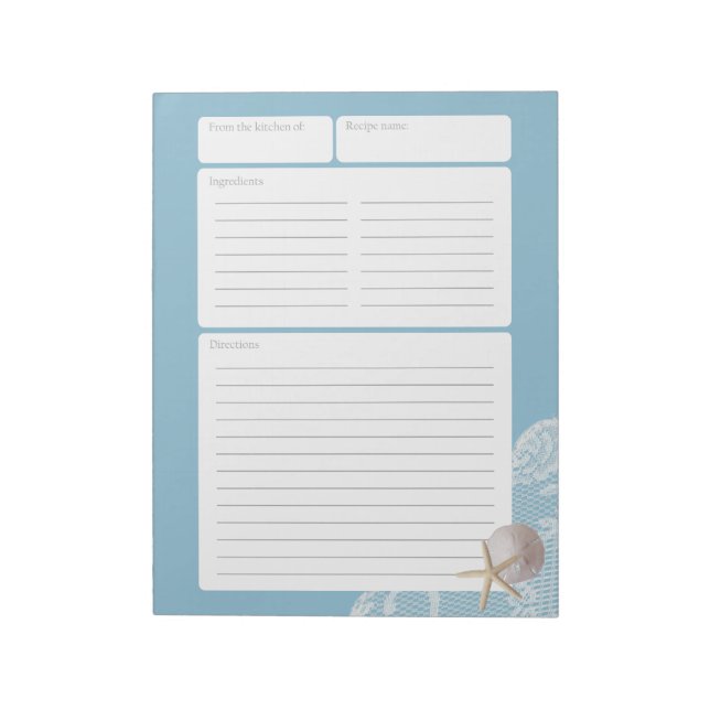 Recipe Page Blue Sand Dollar and Lace Notepad (Rotated)