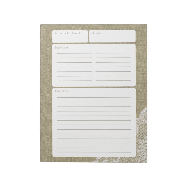 Recipe Page Burlap and Lace Notepad (Rotated)