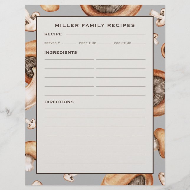 Recipe Page | Family Name | Mushroom Pattern (Front)
