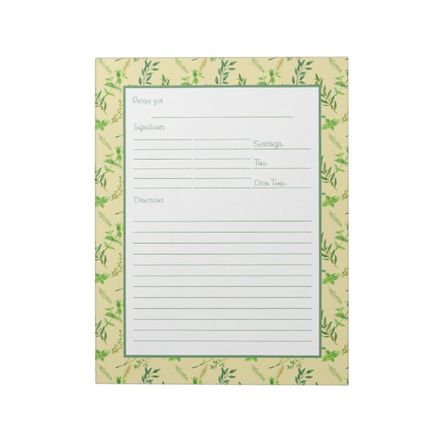 Recipe Page for Green Herb Leaves Binder Notepad (Rotated)