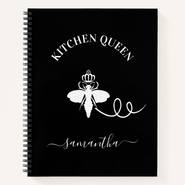 Recipe Queen bee kitchen cook name black white Notebook (Front)