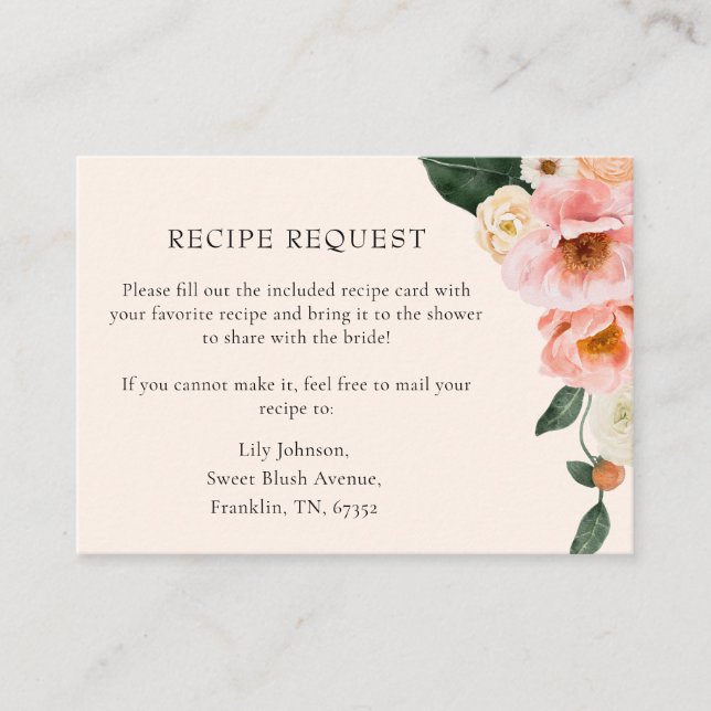 Recipe Request Elegant Blush Pink Floral  Enclosure Card (Front)