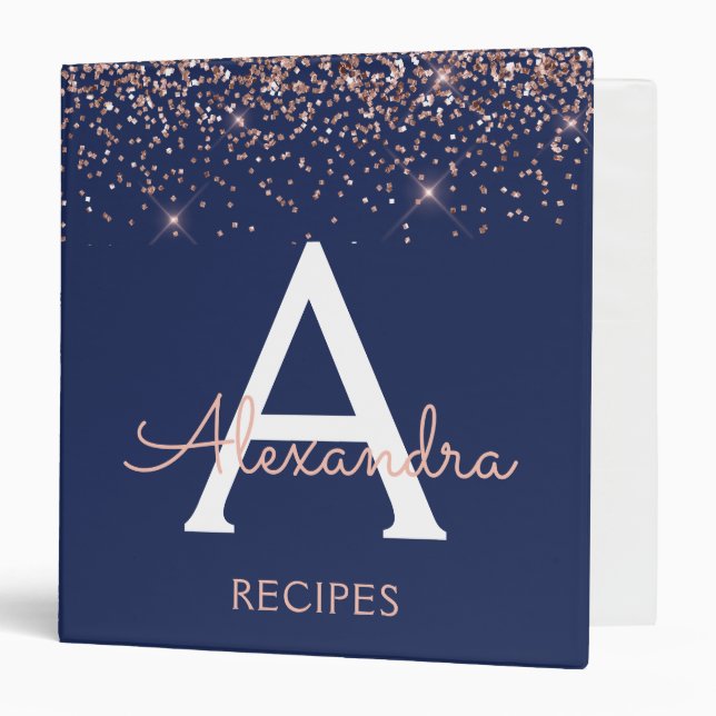 Recipe Rose Gold Blush Pink Glitter Monogram Binder (Front/Inside)