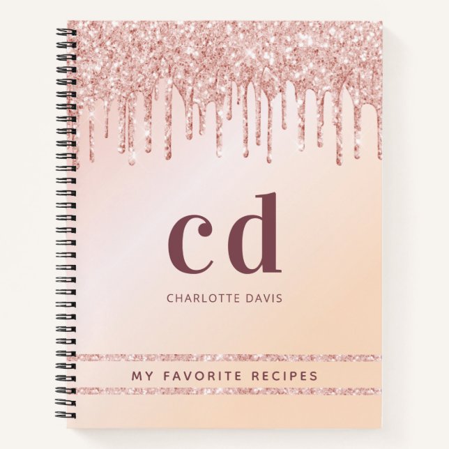 Recipe rose gold pink glitter monogram modern notebook (Front)