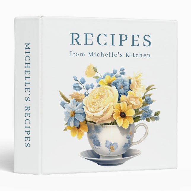 Recipe Teacup Yellow Blue Flowers Binder (Front/Spine)