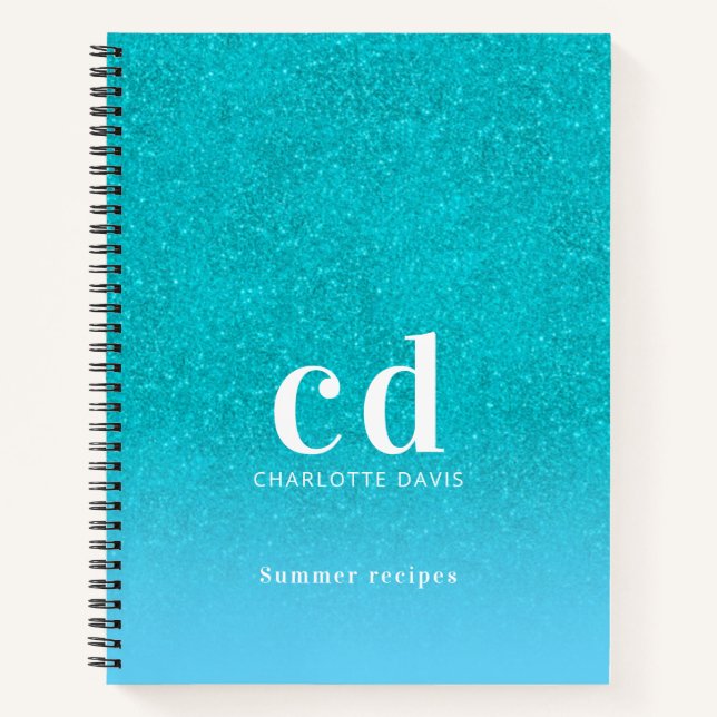 Recipe teal blue glitter aqua sea green monogram notebook (Front)