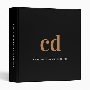 Recipes black gold monogram modern cookbook binder