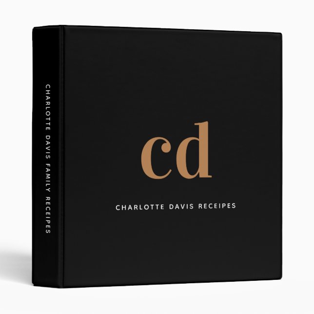 Recipes black gold monogram modern cookbook binder (Front/Spine)