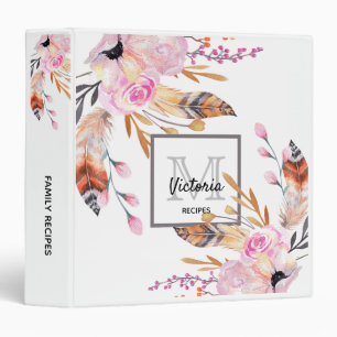 Recipes cookbook florals feather white pink name binder