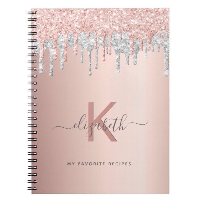 Recipes cookbook monogram glitter rose gold silver notebook (Front)