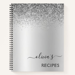 Recipes Cookbook Silver Glitter Monogram Notebook