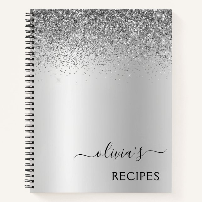 Recipes Cookbook Silver Glitter Monogram Notebook (Front)