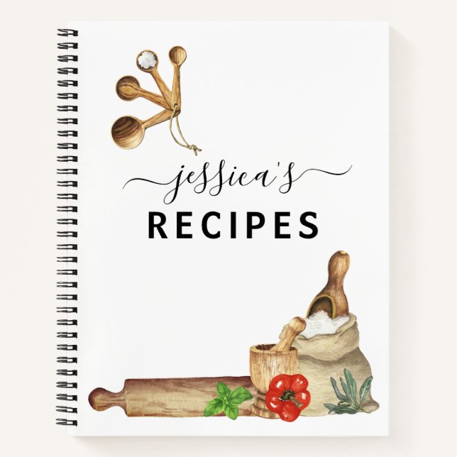 Recipes Cookbook Watercolor Monogram Kitchen Notebook (Front)