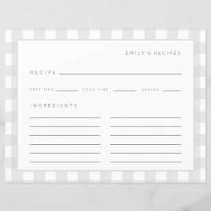 Recipes Gingham Pattern Grey and White Recipe Card