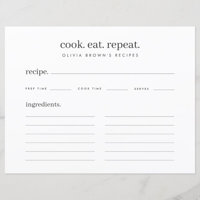Recipes | Minimal Recipe Binder Enclosure Card (Front)