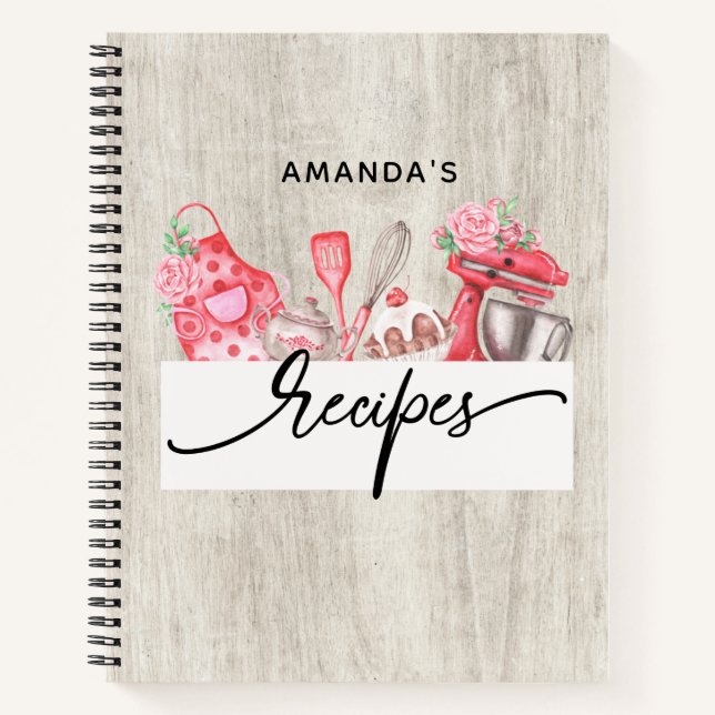 Recipes Personalized Watercolor Kitchen Utensils Notebook (Front)