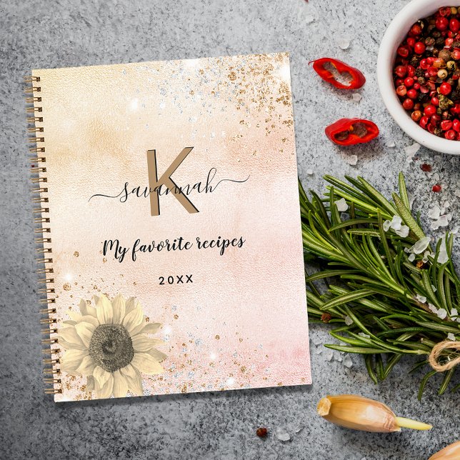 Recipes rose gold glitter sunflower monogram notebook (Creator Uploaded)