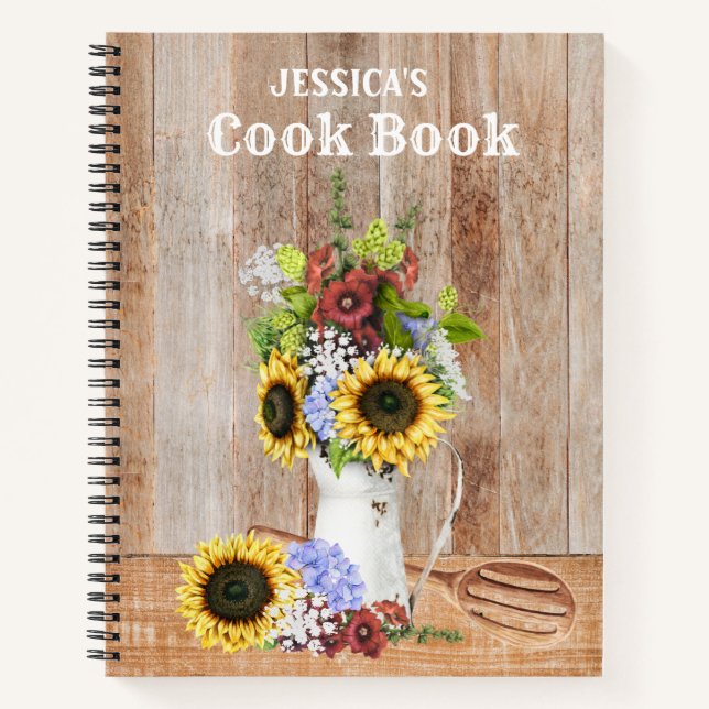 Recipes Rustic Kitchen Sunflower Wood Monogram Notebook (Front)