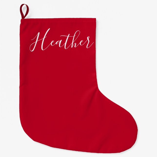 Recipients Name Written Red with White Script Large Christmas Stocking (Front)