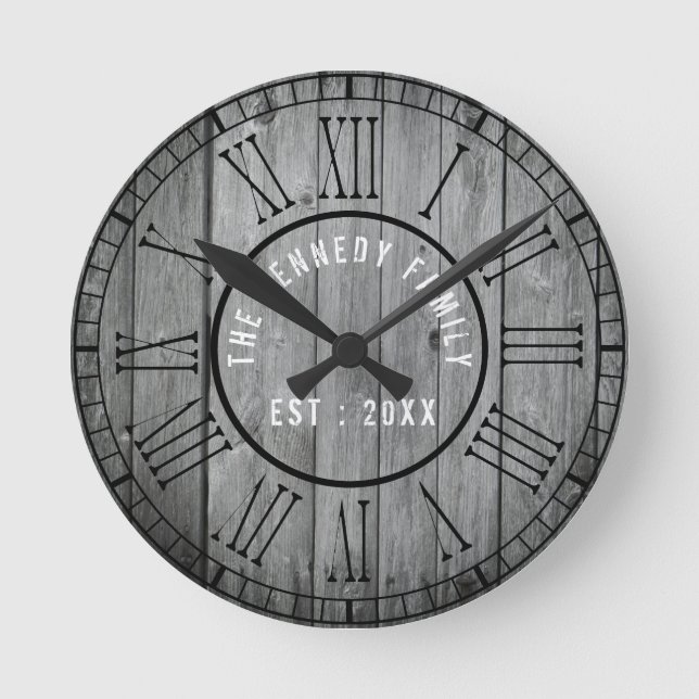 Reclaimed Wood Farmhouse Black Roman Numerals Round Clock (Front)