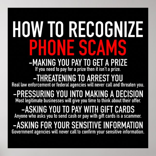 Recognize Phone Scams - Scam Prevention List Poster (Front)