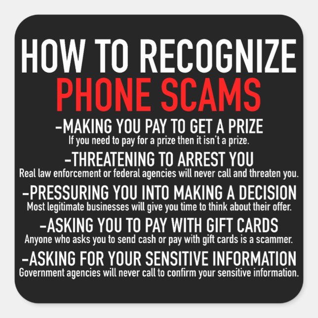 Recognize Phone Scams - Scam Prevention List Square Sticker (Front)