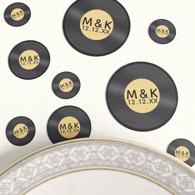 Recolor Retro Vinyl LP Rock n Roll Table Confetti (Perfect for your rock and roll wedding. Add your initials and wedding date and party!)