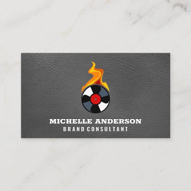 Record Vinyl Flame | Leather Background Business Card (Front)