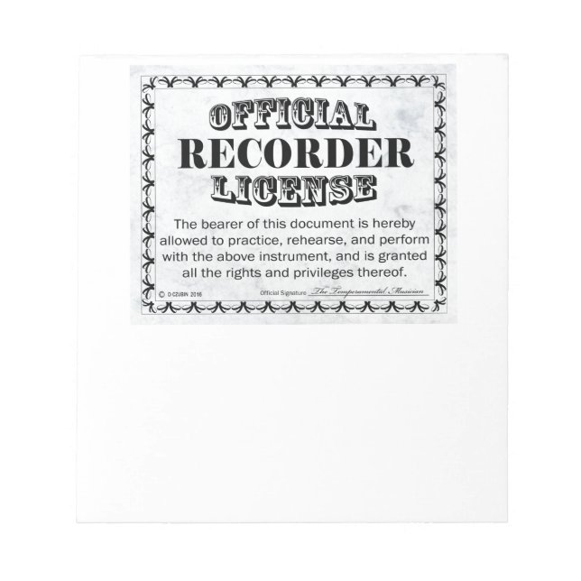 Recorder License Notepad (Front)
