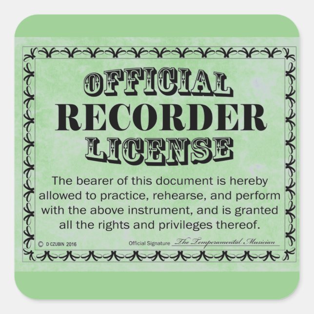 Recorder License Square Sticker (Front)