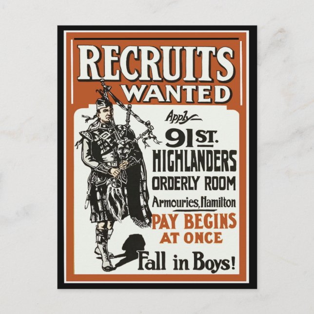 Recruitment 91st Highlanders Bagpiles WWI Postcard (Front)