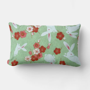 Rectangle Art japonais - Sakuras et lapins Lumbar Coussin